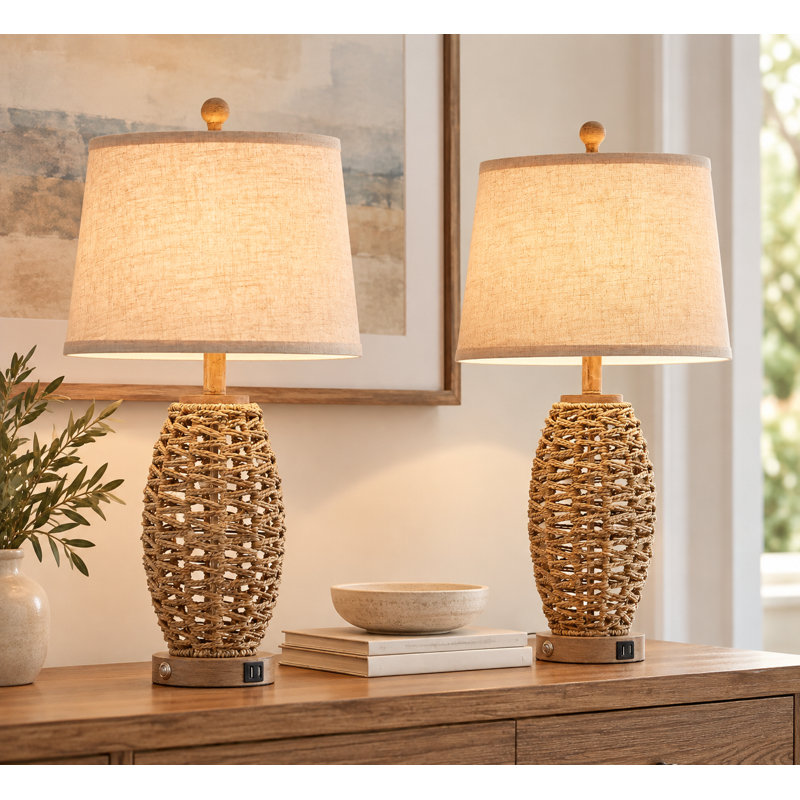 27” Natural Rattan Table Lamps Set of 2,Touch Switch