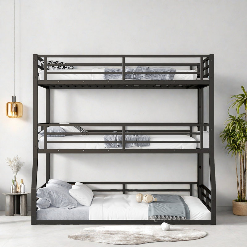 Full/Full XL Over Full/Full XL Over Queen Bunk Bed, Metal Triple Bunk Bed With Safety Guardrails, Heavy-Duty Bunk Bed With Noise-Reduced Design