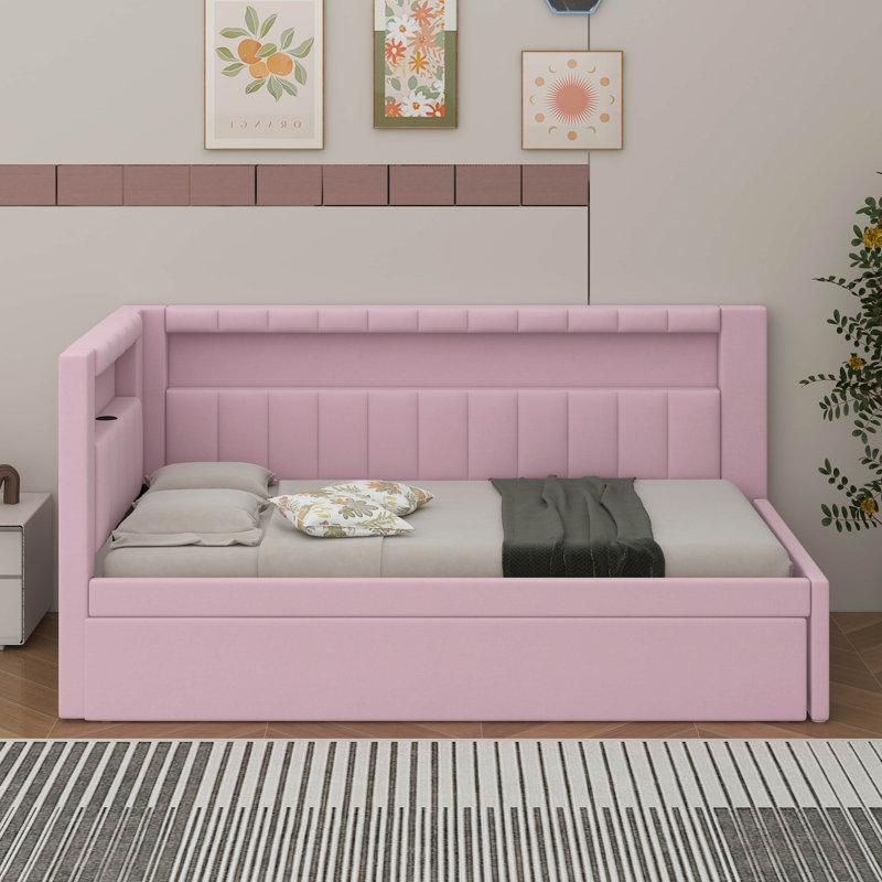 Lit plateforme simple tapissier avec port USB et lit gigogne, Rose