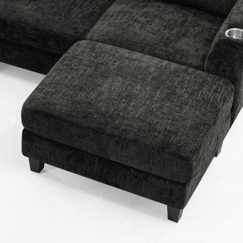 87" Chenille Convertible Sofa With Built-In Cup Holders, L-Shape Sectional Couch With Removable Ottoman For Living Room, Apartment