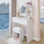 Ensemble de coiffeuse ronde 17 po à DEL avec tabouret à coussin souple, grand miroir, interrupteur tactile, 3 modes de couleur, luminosité réglable, rangement grande capacité pour les petits espaces | Idée cadeau-281175073