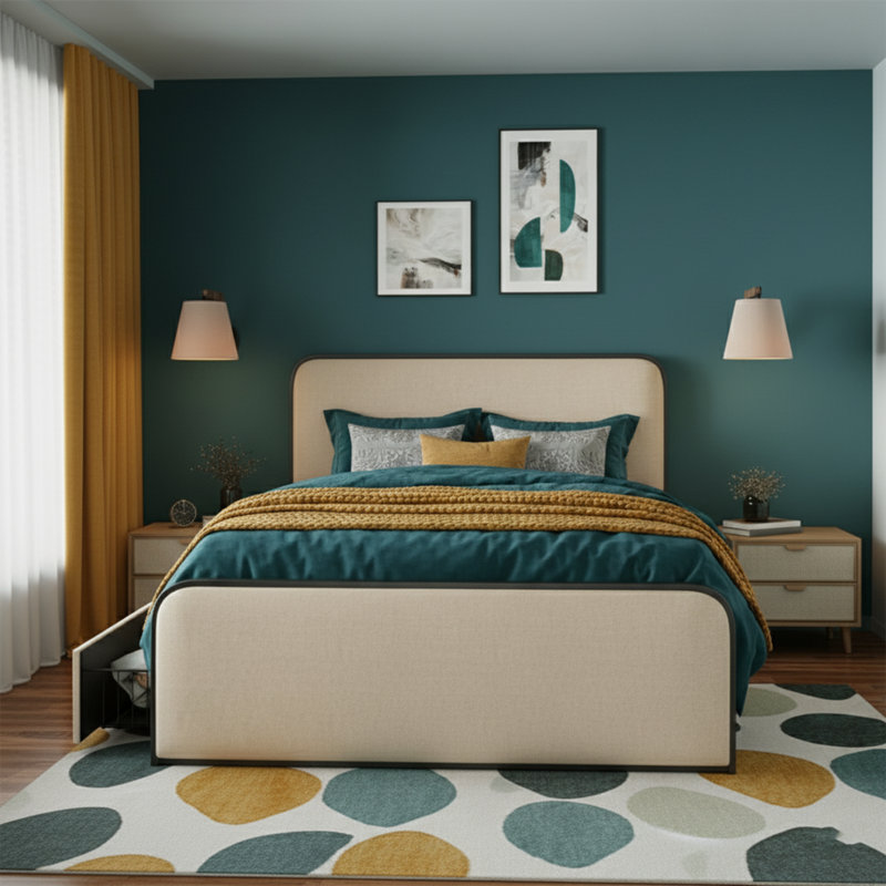 Très grand lit de rangement tapissier très grand, 4 tiroirs, tissu beige, pieds en métal, tête de lit courbée contemporaine