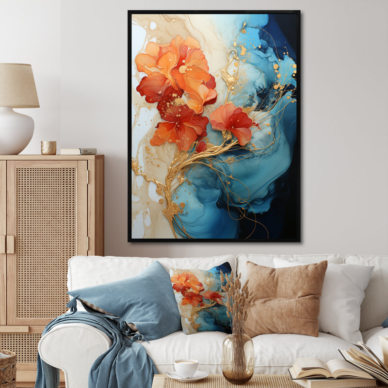 Breelan orange sarcelle abstrait fractal - fractales grand art mural, H 20 po x l 12 po, Reproduction avec cadre flottant