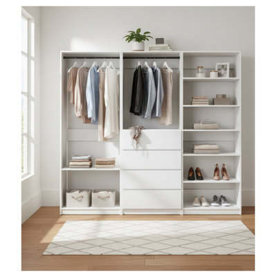 Prosper White Freestanding Walk-In Wood Closet System, Modular Storage Organizer with Oak Finish, 94.2" H x 83" W x 15.7" D