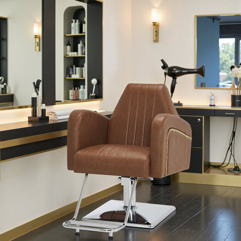 Fauteuil de coiffeur à pompe hydraulique de 440 lb pour coiffeur, fauteuil de coiffeur en similicuir, Brun / Argenté