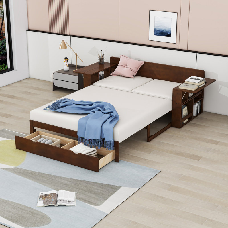 Multifunctional Wood Convertible Daybed with Built-in Desk, Storage Drawer, Full/Double, Espresso