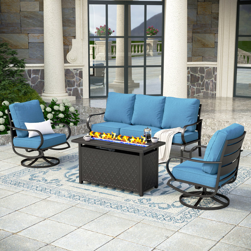 Tapasi 5 - Person Patio Conversation Set with Swivel Lounge Chairs &  Firepit Table, Denim Blue