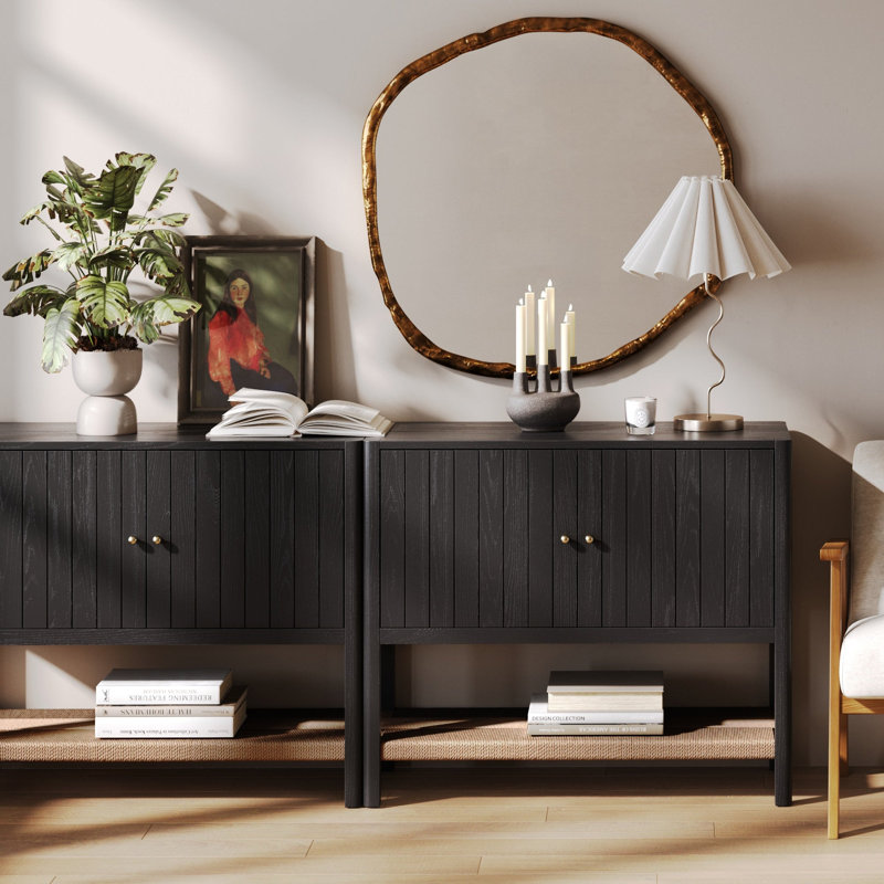 Wood Accent Cabinet With Open Seagrass Storage, Black