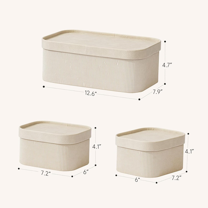 Fluted Cardboard Storage Baskets With Leather-Like Lids, Sturdy Stackable Paper Boxes Decorative Tray,Set Of 3 Ivory