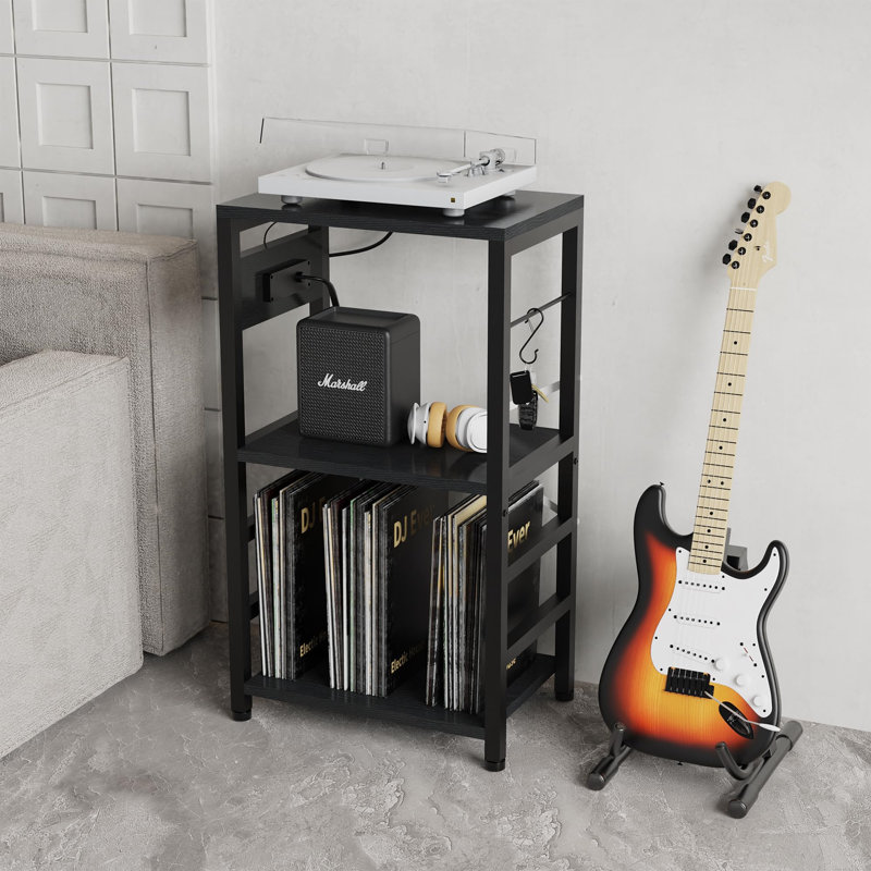 Record Player Stand with LED Light, Black