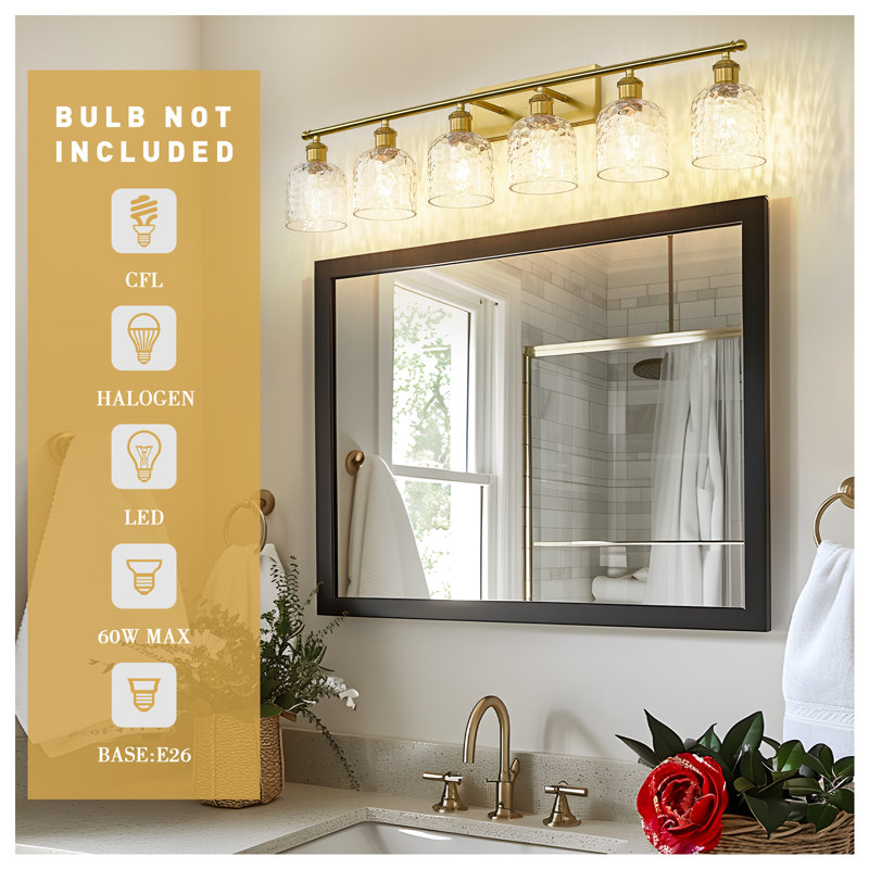 6-Light Bathroom Vanity Light With Clear Hammered Glass, Gold