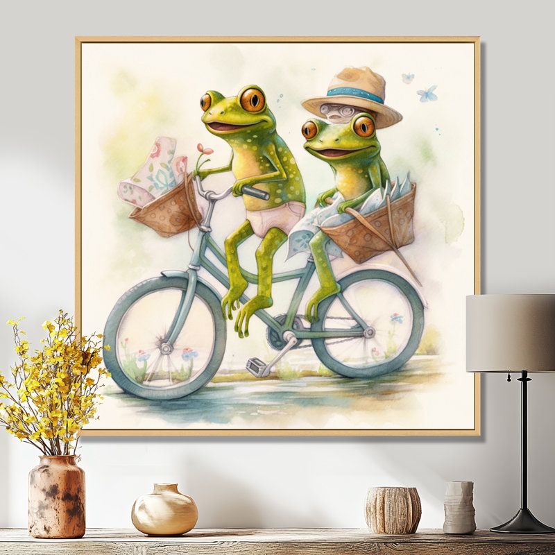Grenouilles vertes chevauchant un vélo, H 16 po x l 16 po, Cadre flottant en érable
