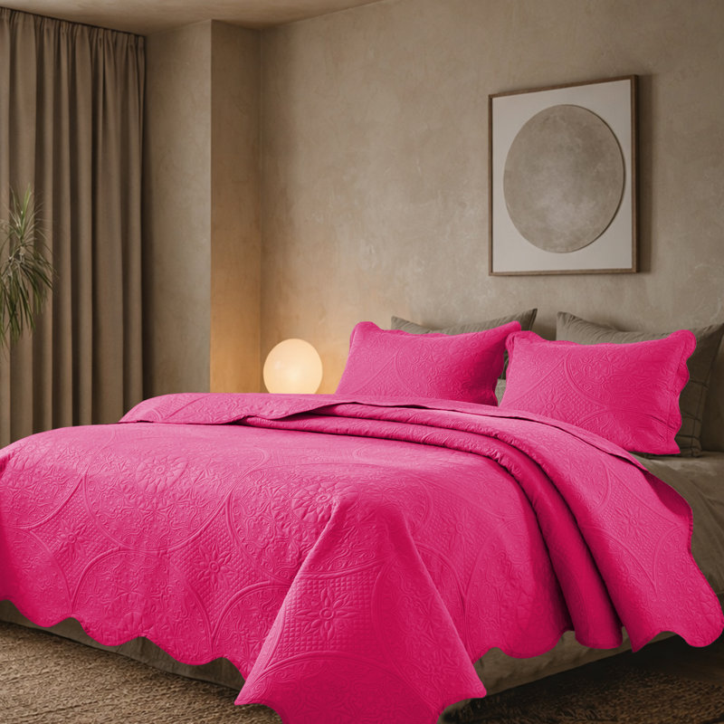 Floral Embossed Microfiber Quilted Bedspread Set, Pink, Queen Coverlet/Bedspread + 2 Standard Pillowcases