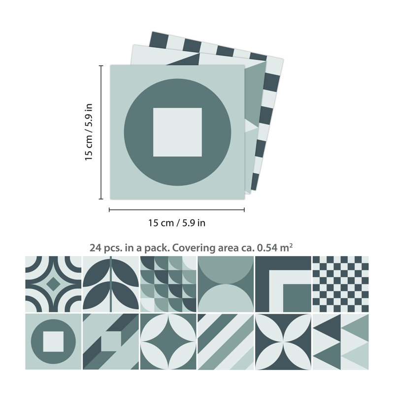 Ashim Melvin Blue Grey Geometric Retro Tile Sticker Set - 15 cm x 15 cm - 24 pcs