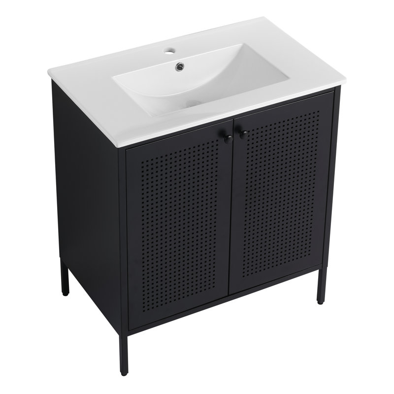 Iklakh 30" Steel Freestanding Bathroom Cabinet with Ceramic Sink Top, Black