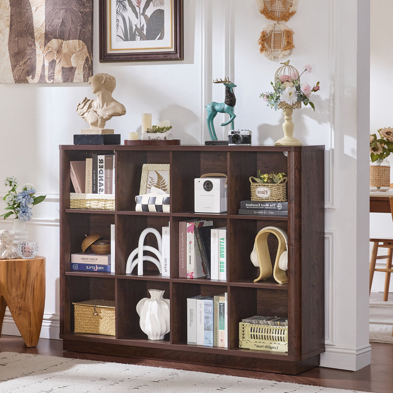 12 Cube Storage Organizer, 41" Large Bookshelf With Curved Edge, Wood Floor Standing 3-Tier Cubby Bookcase W/Base, Modern Display Storage Cabinet For Living Room, Office