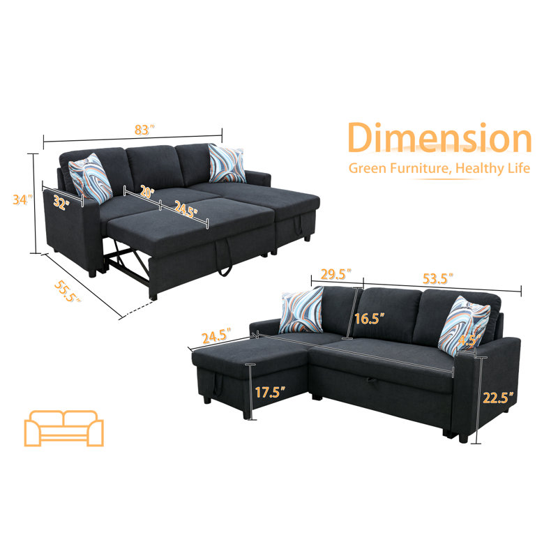 Sebella Upholstered L-Shaped Sectional Reversible, Black Linen Blend