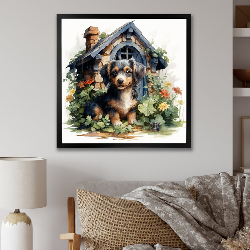 «Puppy Doghouse Blooms I», art mural chien, Cadre simple noir, H 36 po x l 36 po x P 1,5 po
