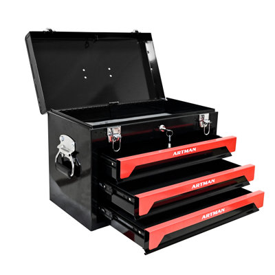 20 Inch Portable 3 Drawer Steel Tool Box with Metal Latch - Heavy Duty Tool Storage Organizer, Black & Red