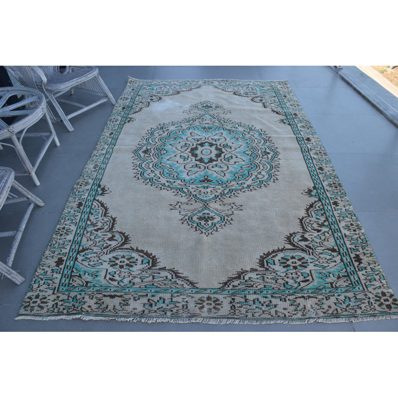 Tapis turc bleu et beige fabriqué à la main à motif floral traditionnel pour décoration intérieure rétro