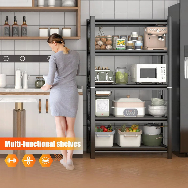 Support de rangement en métal à 5 couches, hauteur réglable, capacité de charge de 2000 livres, idéal pour les garages, les cuisines et plus encore. Noir, nécessite un assemblage