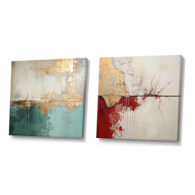 Minimalisme - horizon doré et bleu sarcelle - ensemble de 2 collages abstraits carrés