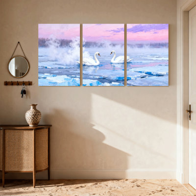 Birds Swans On Ice Lake At Dawn, ciel rose, ensemble de 3 impressions sur toile