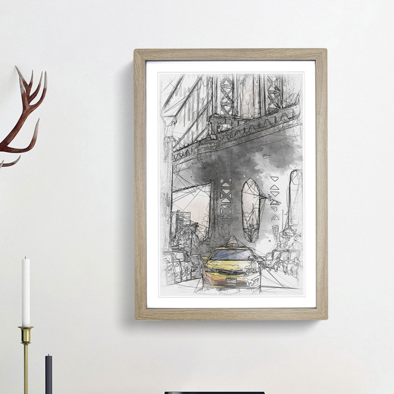 Yellow Taxi Cab in New York City - Picture Frame Painting Print, 87cm H x 62cm W x 2cm D, Oak Framed
