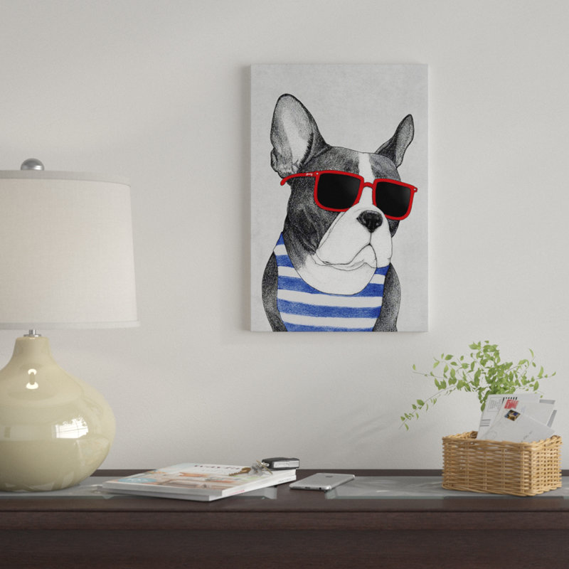 « frenchie-summer style », reproduction d’impression sur toile tendue, H 60 po x l 40po x P 1,5 po, Toile avec cadre noir
