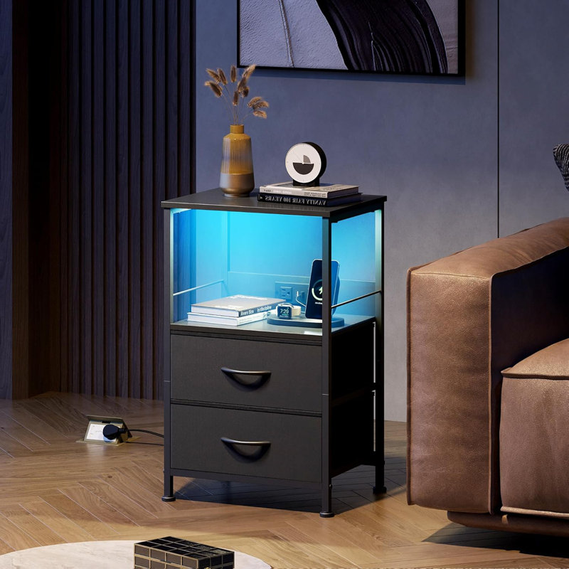Gwytha Farmhouse Nightstands with Charging Station and LED Lights, Bedside Tables With 2 Drawers and Open Shelf, 3 USB Ports And 2 Outlets