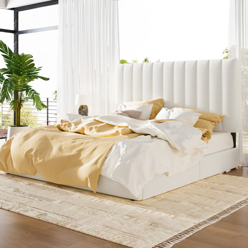 Lit plateforme tapissier avec 4 tiroirs et tête de lit, Blanc, Grand