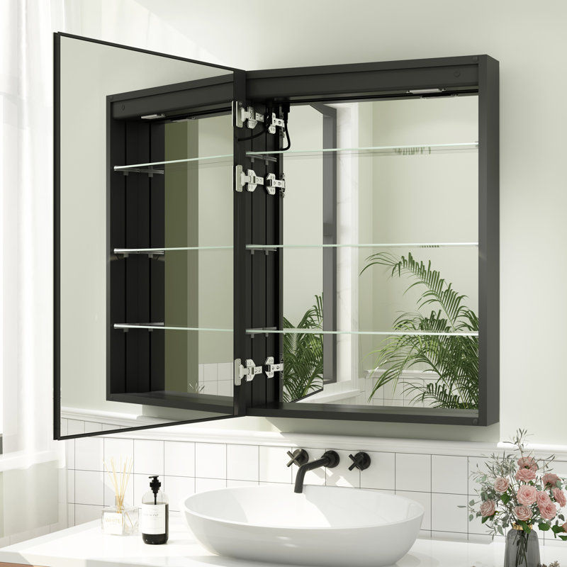 Hartli Recessed or Surface Mount LED Medicine Cabinet Mirror with Dimmable Light & Socket, Left-opening, Black