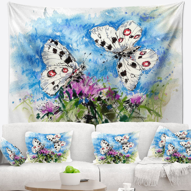 Tapisserie floral apollo papillons on blue, H 32 po x l 39 po