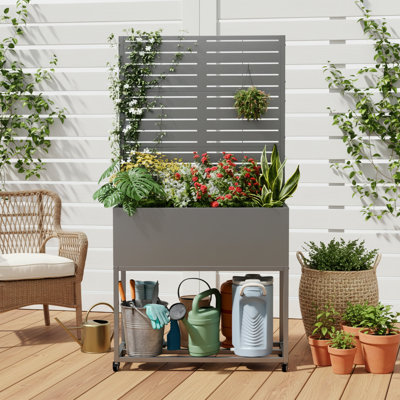35.4" W Mobile Galvanized Steel Planter Box With Trellis & Wood Storage Rack, Outdoor Freestanding Privacy Screen With Deep 11.8" Garden Bed And Locking Wheels