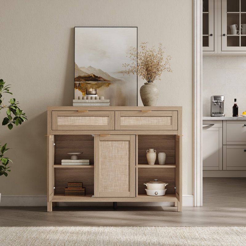 Buffet en rotin à 2 tiroirs et 3 portes l 43,39 po avec tablettes réglables, Chêne clair