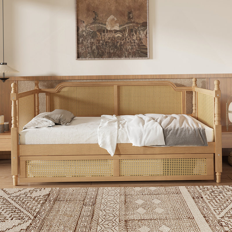 Lit de jour en rotin avec couchette, Complet/Double, Noyer