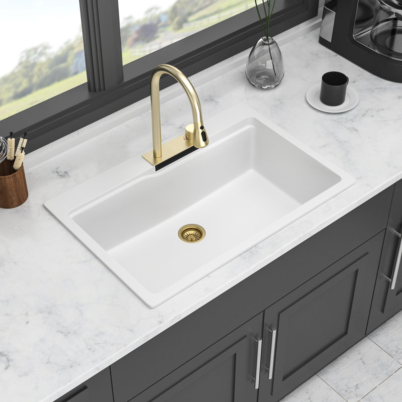 33X22" White Quartz Composite Workstation Kitchen Sink With Waterfall Vibe & Pull-Out Faucet And Different Accessory Aggregates Drop In - Waterfall, Abundant Accessories For