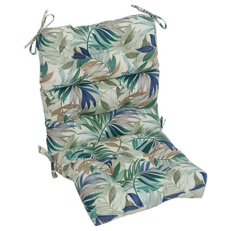 Outdoor Tufted Seat/Back Chair Cushion, 20" W x 20" D, Tan/Green/Oasis Chambray Floral