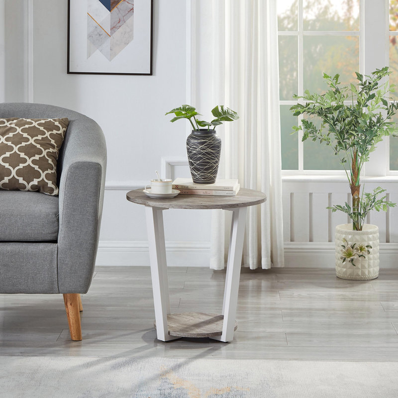 Table de bout ronde avec tablette Elysian, Blanc, Gris