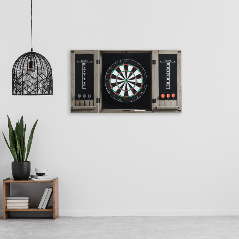Silver Mist Pine Dartboard Cabinet Set with Steel-Tipped Darts