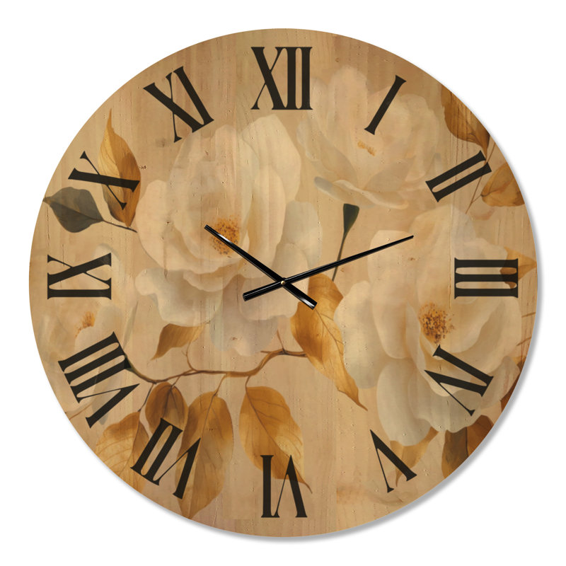 Très grande horloge murale botanique ronde silencieuse en bois - Roses avec feuilles dorées, Oversized