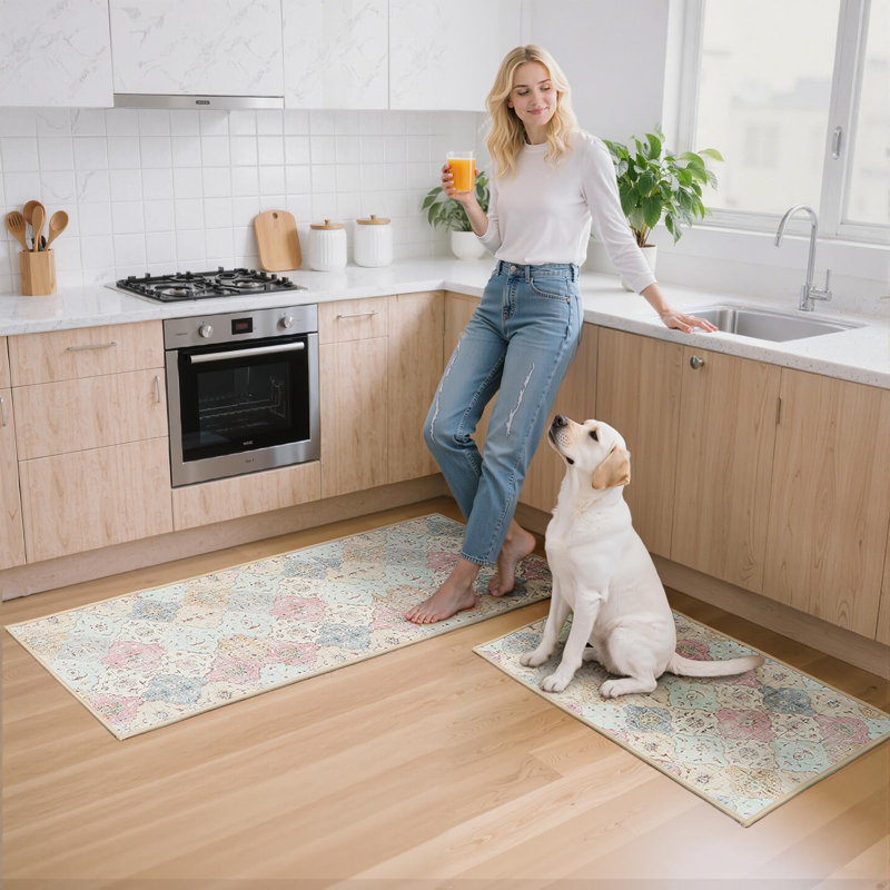  Boho Floral Kitchen Rugs and Mats Set of 2 PCS, Non Slip Washable Mats for Floor, Absorbent Runner Rug for Kitchen, Hallway, Laundry, Front of Sink, 18"x 28"+18"x 71"