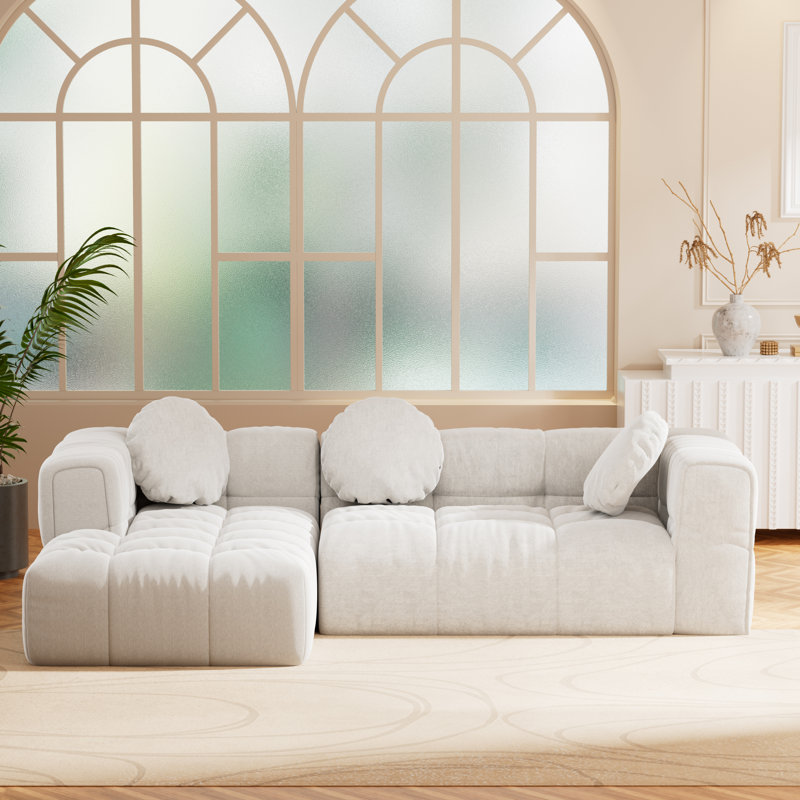 Fully Compressed Modular L-Shaped Sofa Set With Reversible Chaise & Tufted Back, Beige 