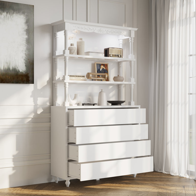 Grand bahut blanc de 81,1 po avec armoire à 4 tiroirs et éclairage télécommandé