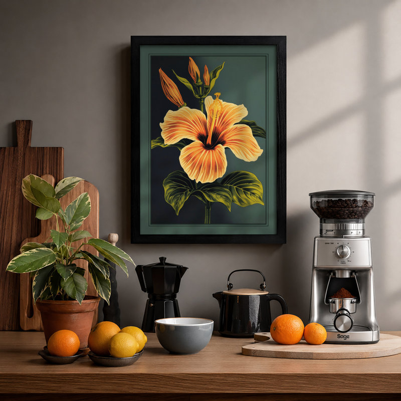 Golden Hibiscus Botanical - Print, A1 - 84.1 x 59.4 cm, Black