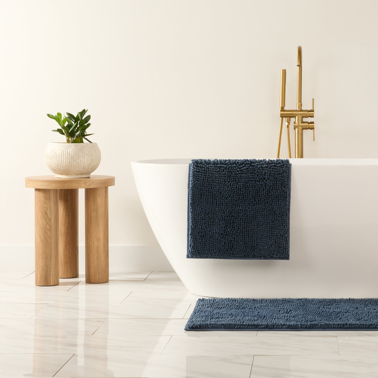Soft Absorbent Chenille Bath Mat Rug with Anti-Skid Rubber Backing, Navy, Set of 2 - 24" L x 17" W| 34"L x 21" W