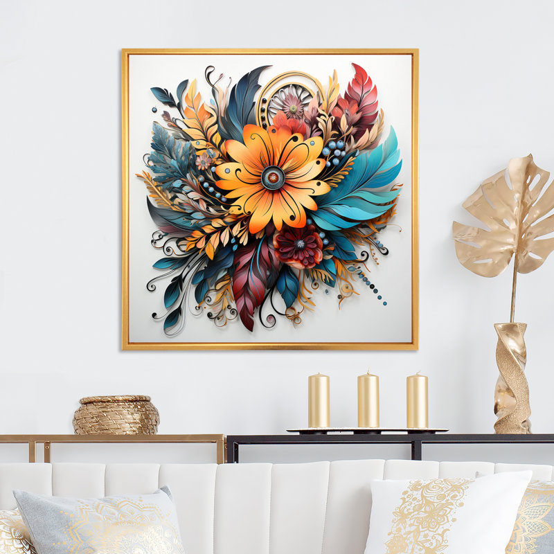 Boho Flowers Bouquet en bleu et or sur toile, H 16 po x l 16 po x P 1 po, Cadre flottant doré