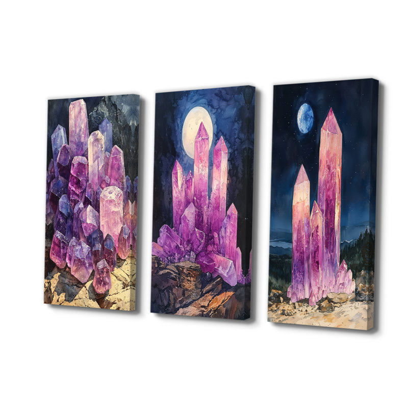 Cristaux énergétiques roses et mauves à la lune I - collection d'art mural Crystals, Toile tendue, H 28 po x l 36 po
