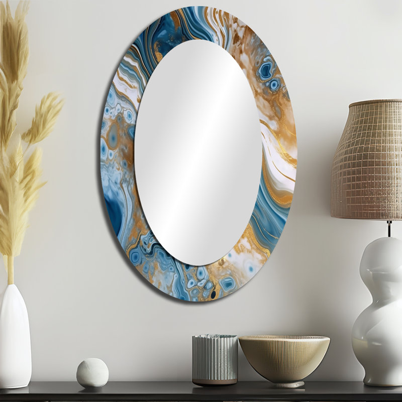 Blue and White Marble Dreams - Miroir décoratif ovale abstrait sur métal, 36 po x 24 po