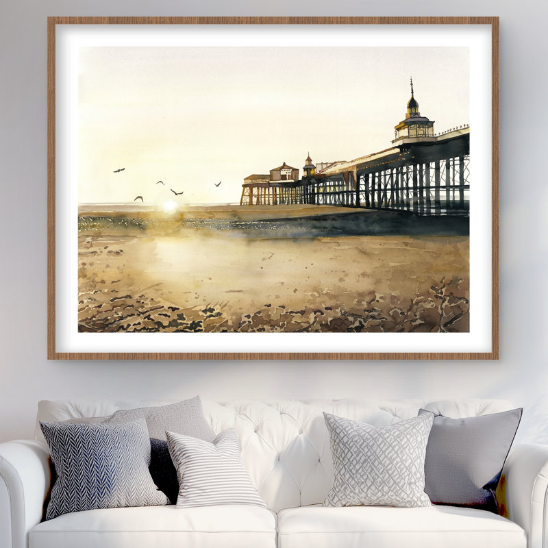 Coucher de soleil à la plage - beige, reproduction encadrée